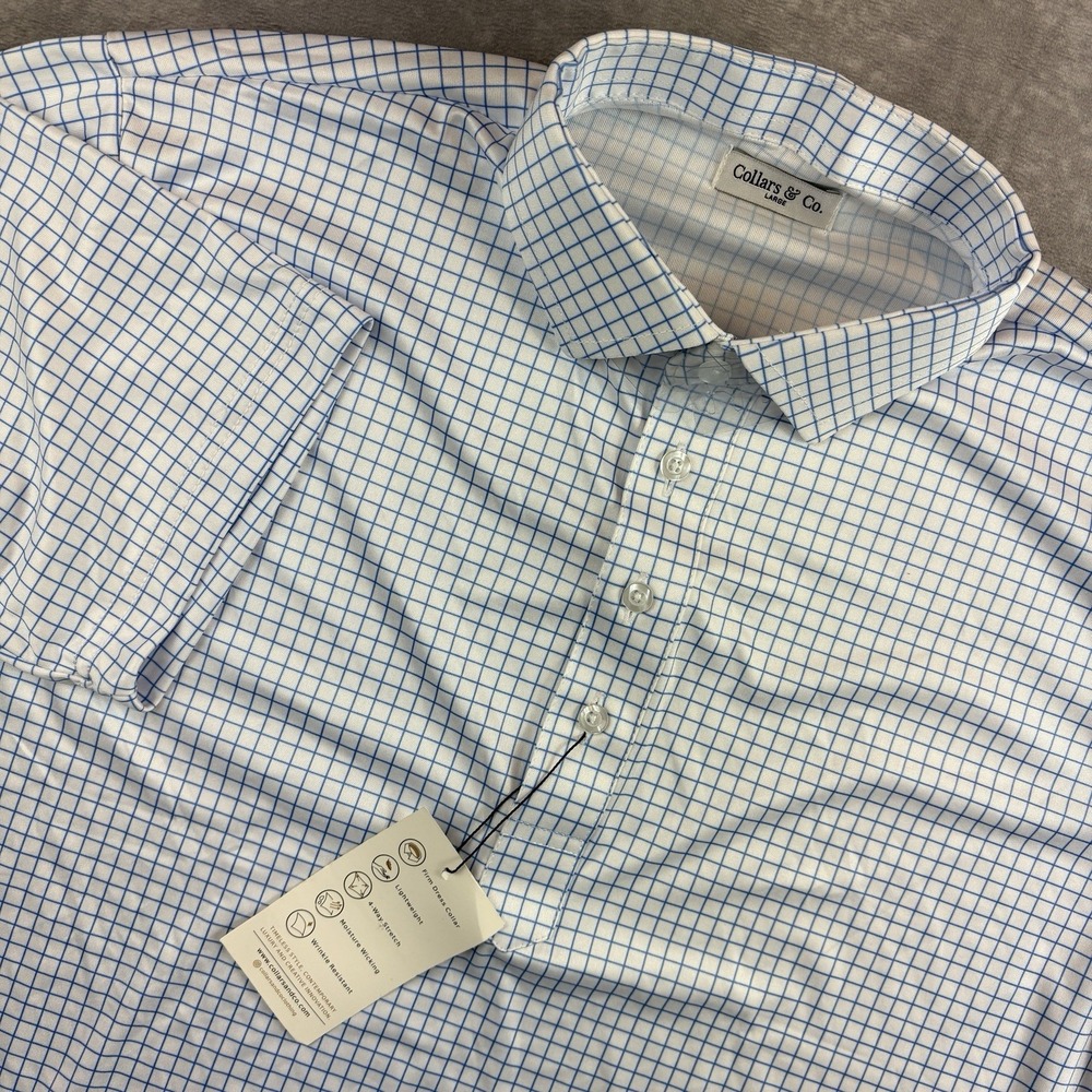 Collars & Co Polo Shirt Mens L Blue‎ White Check Preppy Workwear NEW